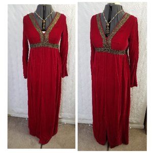 Vintage 1960's Red Velvet Dress, Renaissance Maxi Sz Sm /Medium Empire Waist